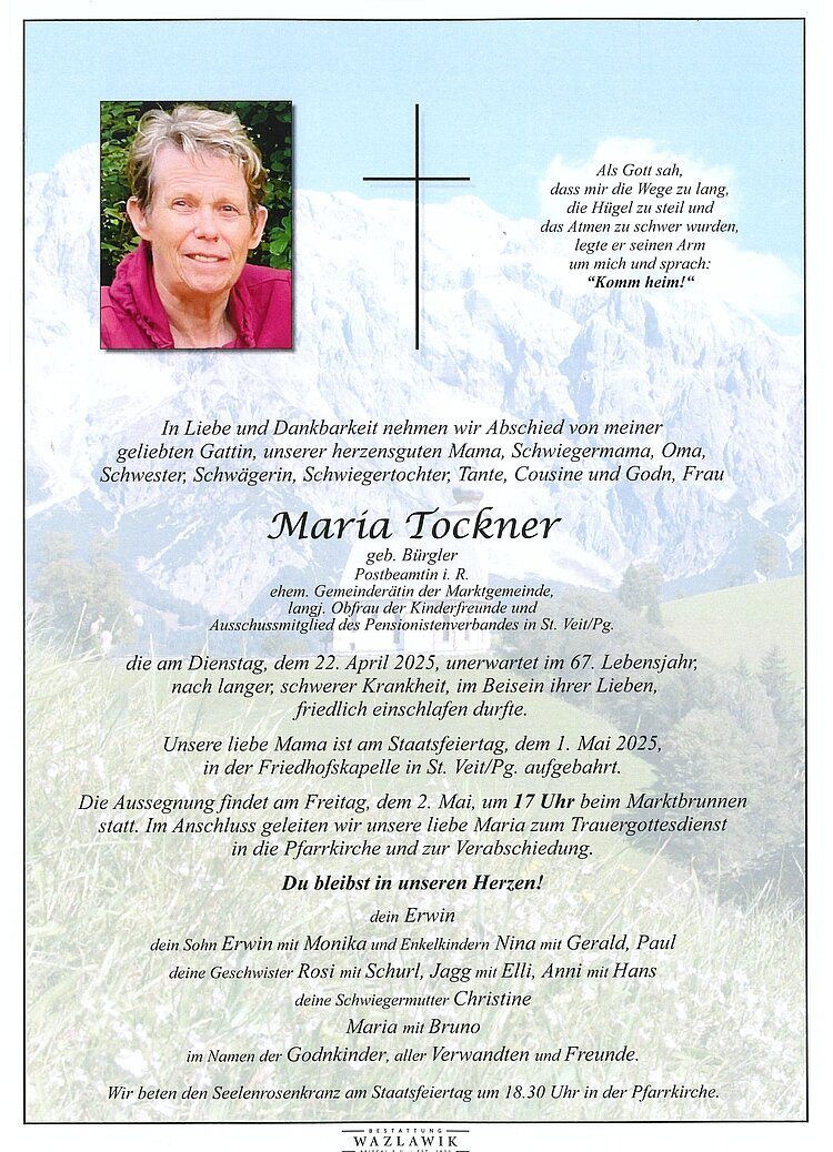 Parte von Maria Tockner † 22.04.2025