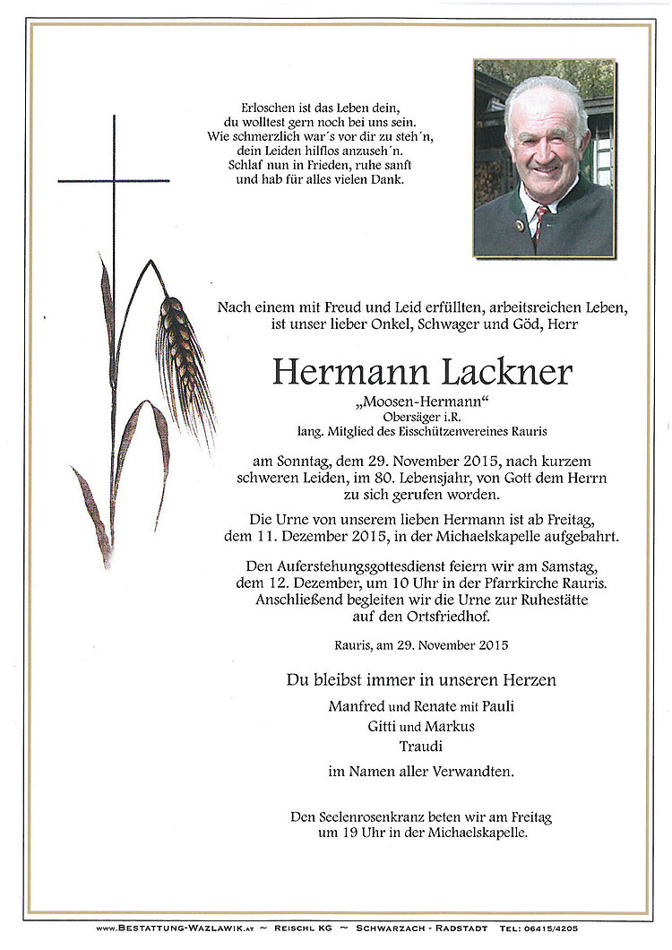 Parte von Hermann Lackner † 29.11.2015