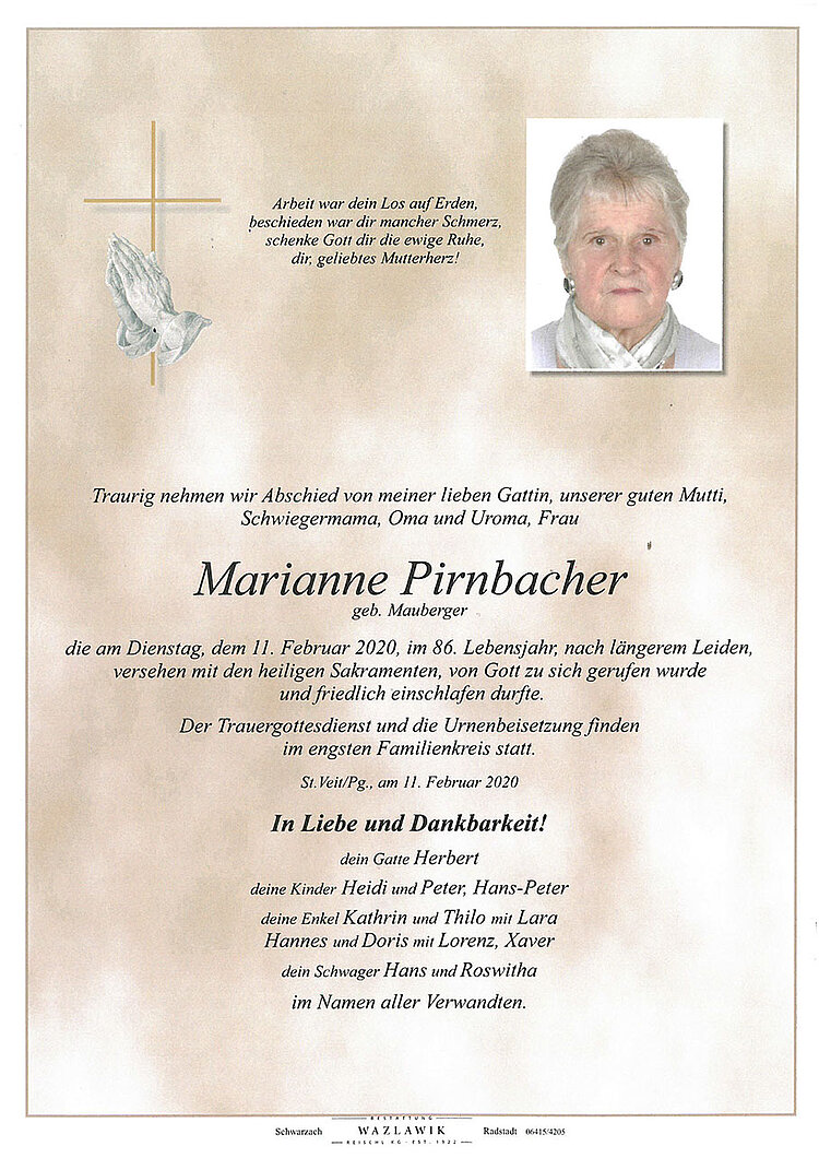Parte von Marianne Pirnbacher † 11.02.2020