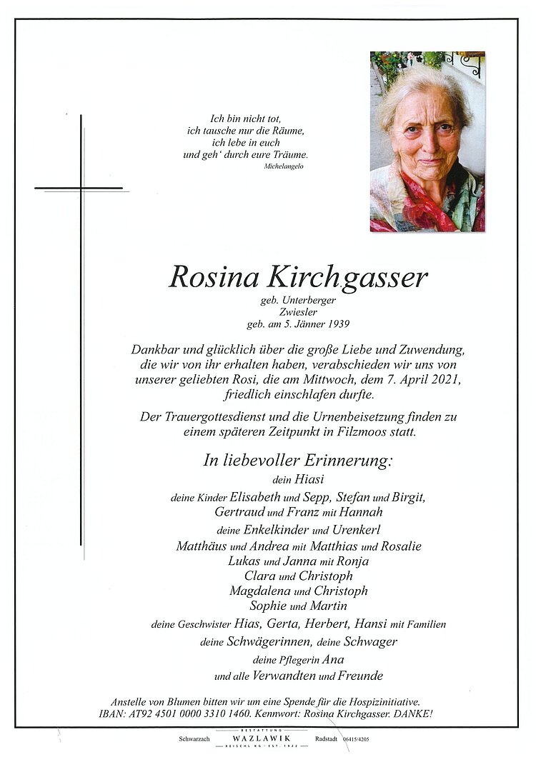 Parte von Rosina Kirchgasser † 07.04.2021