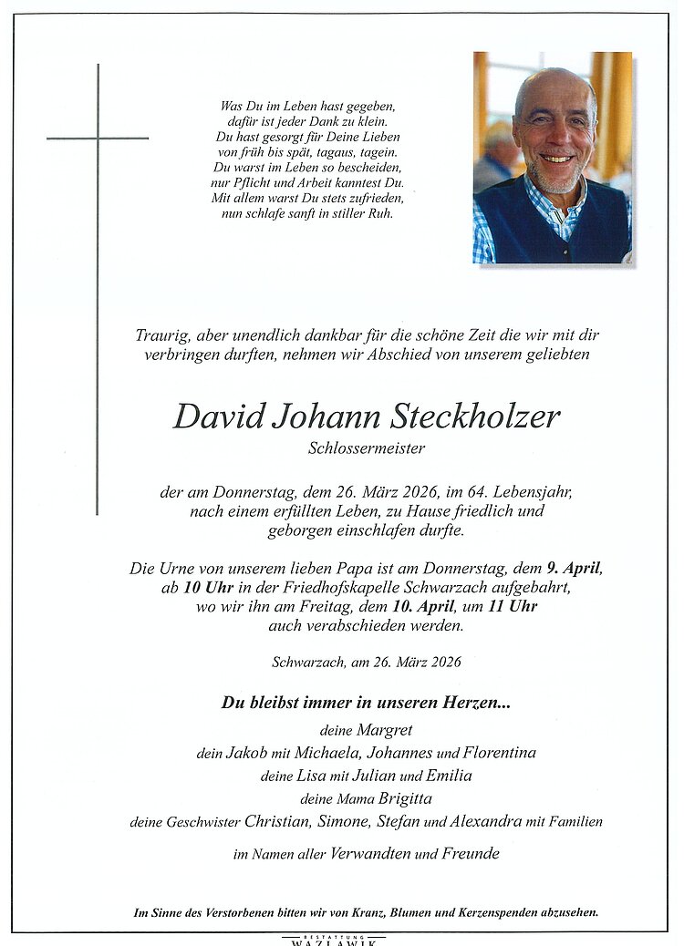 Parte von David Johann Steckholzer † 26.03.2026