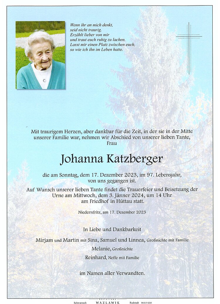 Parte von Johanna Katzberger † 17.12.2023
