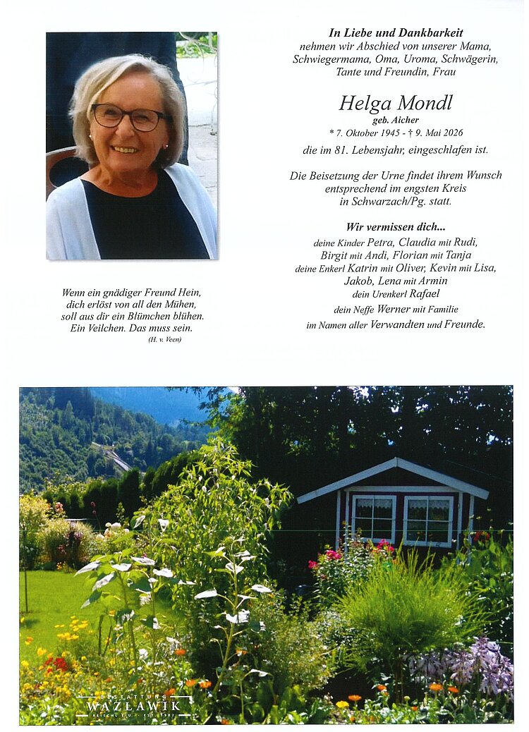 Parte von Helga Mondl † 09.05.2026