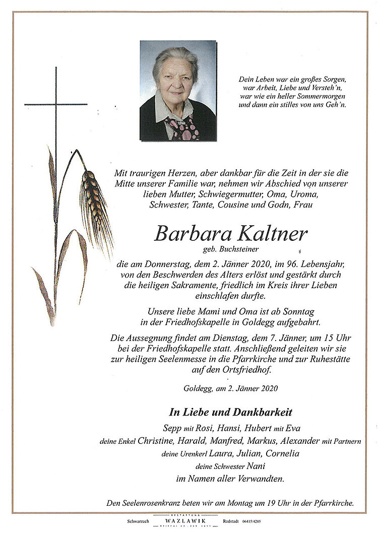 Parte von Barbara Kaltner † 02.01.2020