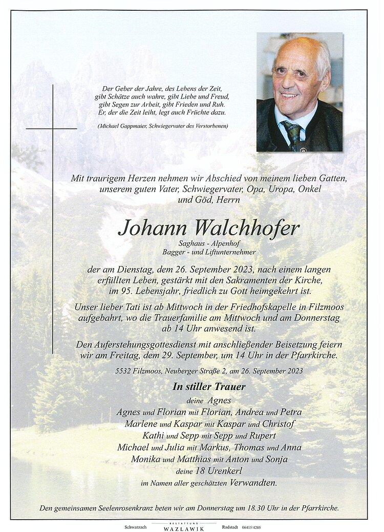 Parte von Johann Walchhofer † 26.09.2023