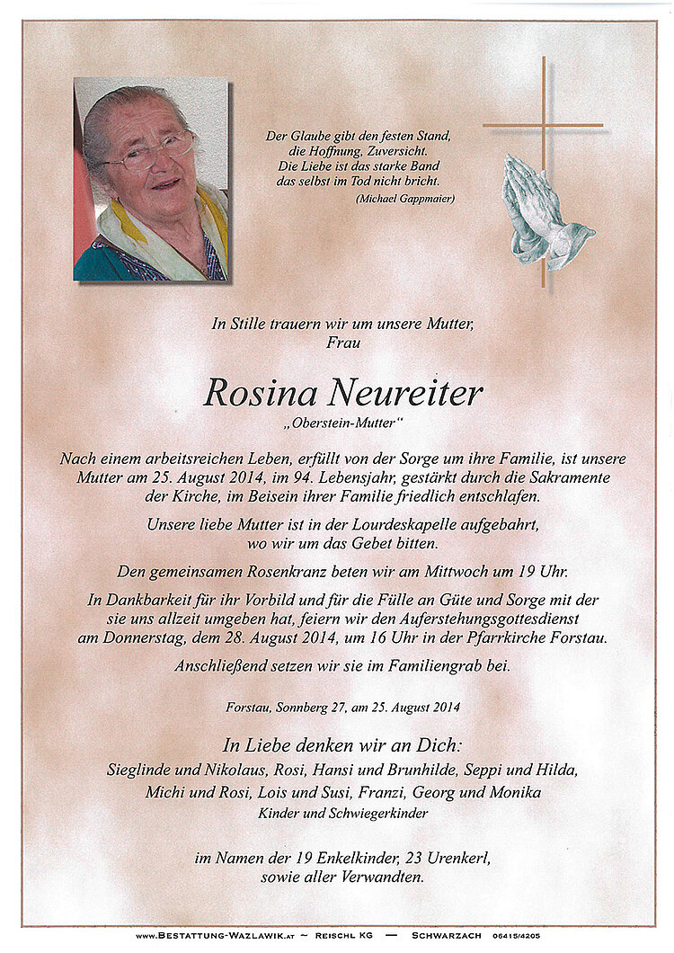 Parte von Rosina Neureiter † 25.08.2014