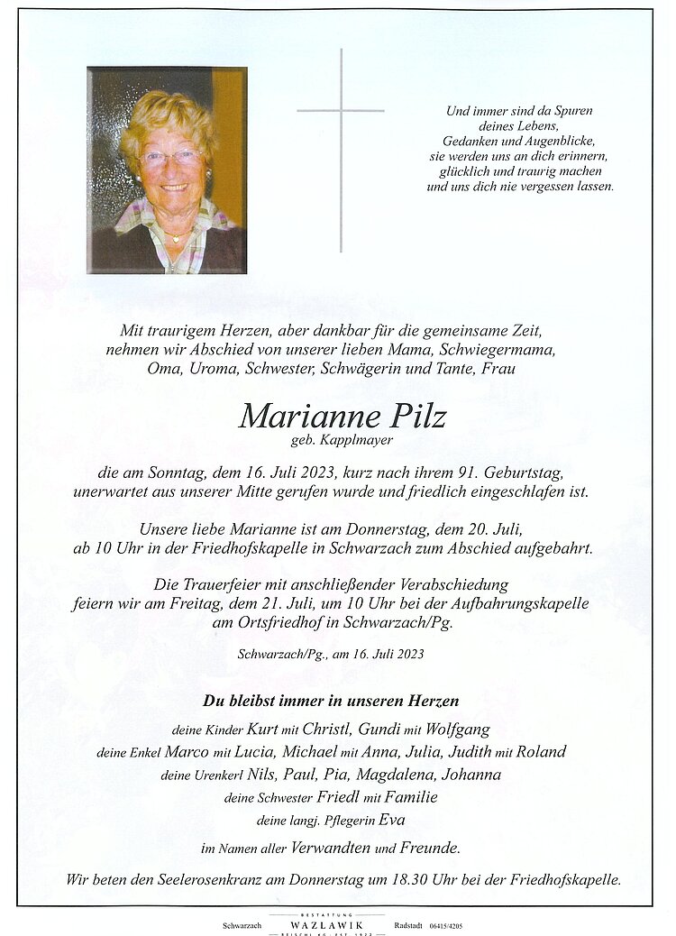Parte von Marianne Pilz † 16.07.2023