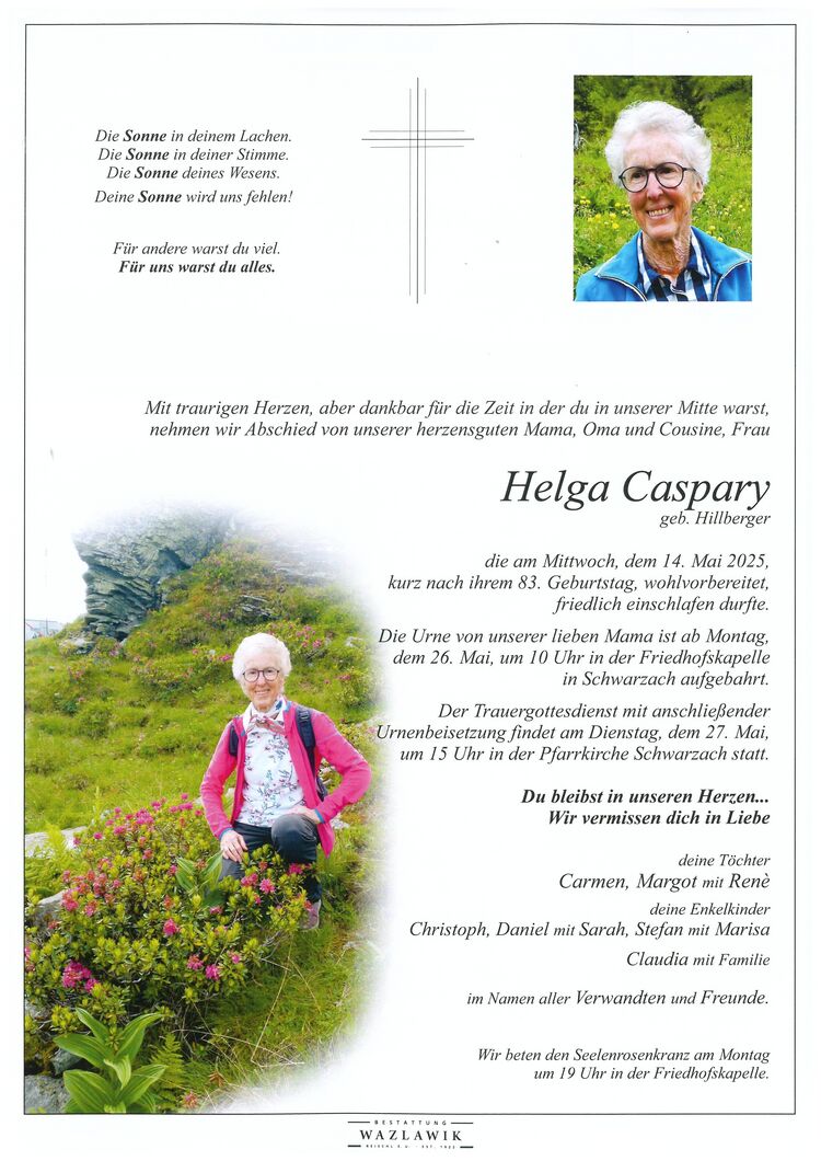 Parte von Helga Caspary † 14.05.2025