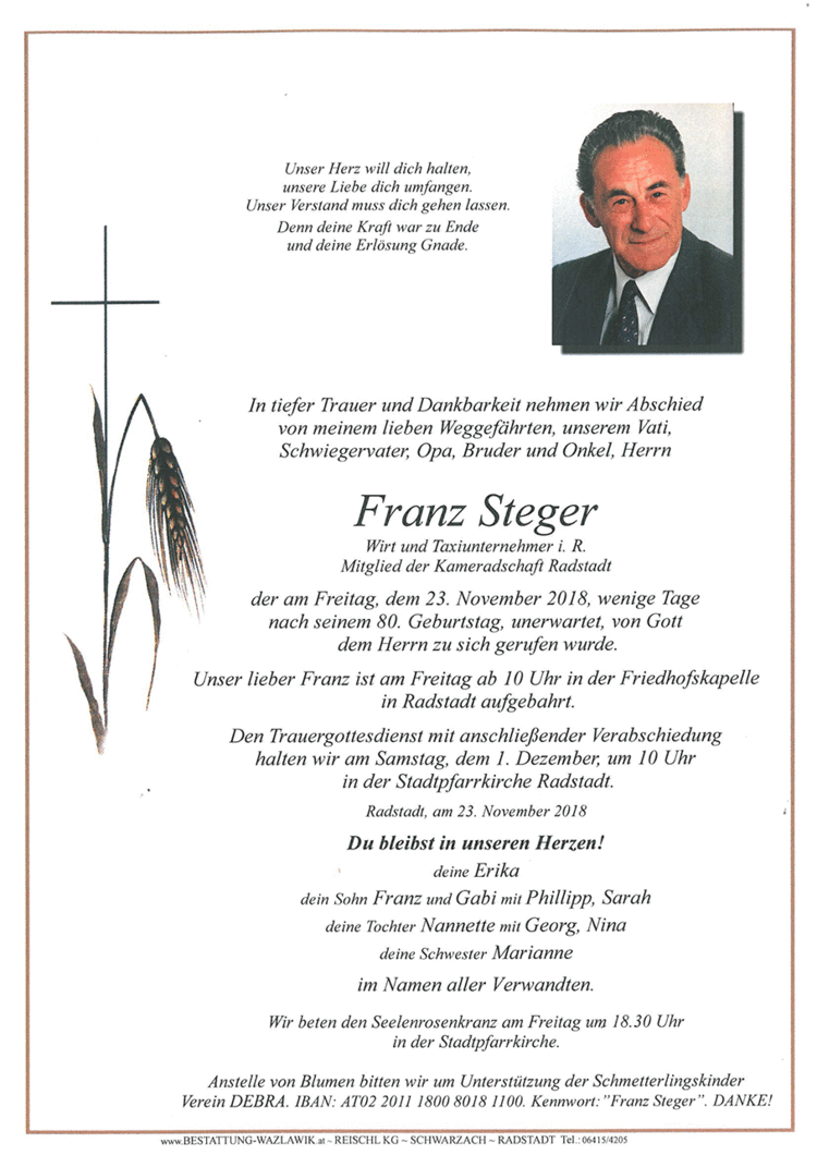 Parte von Franz Steger † 23.11.2018
