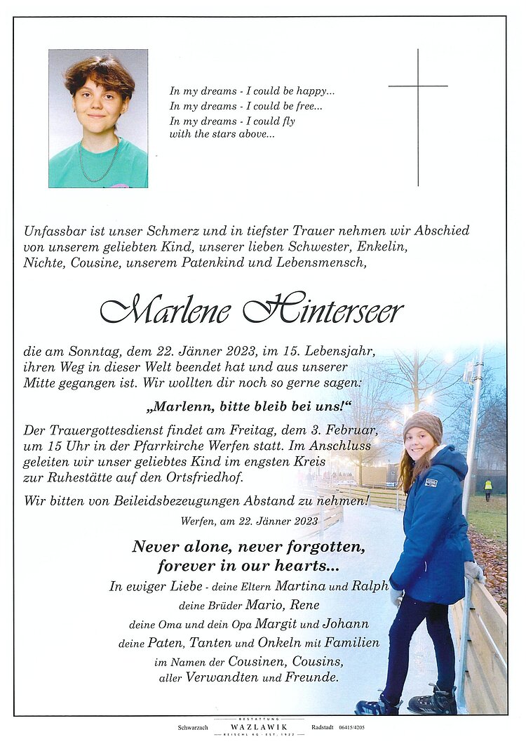 Parte von Marlene Hinterseer † 22.01.2023