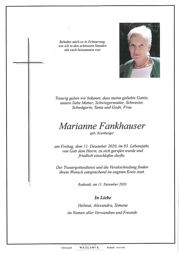Parte von Marianne Fankhauser † 11.12.2020
