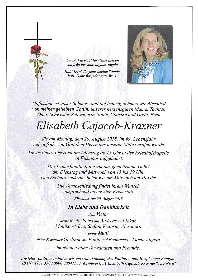 Parte von Elisabeth Cajacob-Kraxner † 20.08.2018