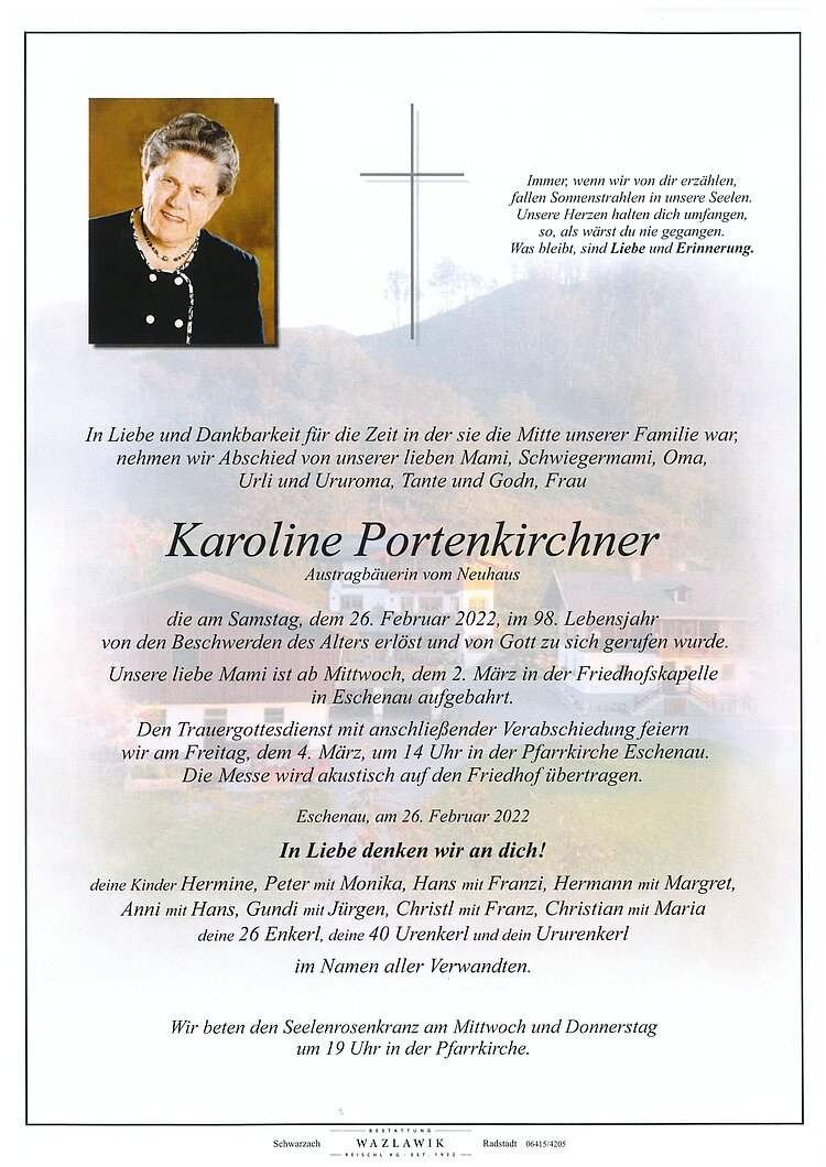 Parte von Karoline Portenkirchner † 26.02.2022