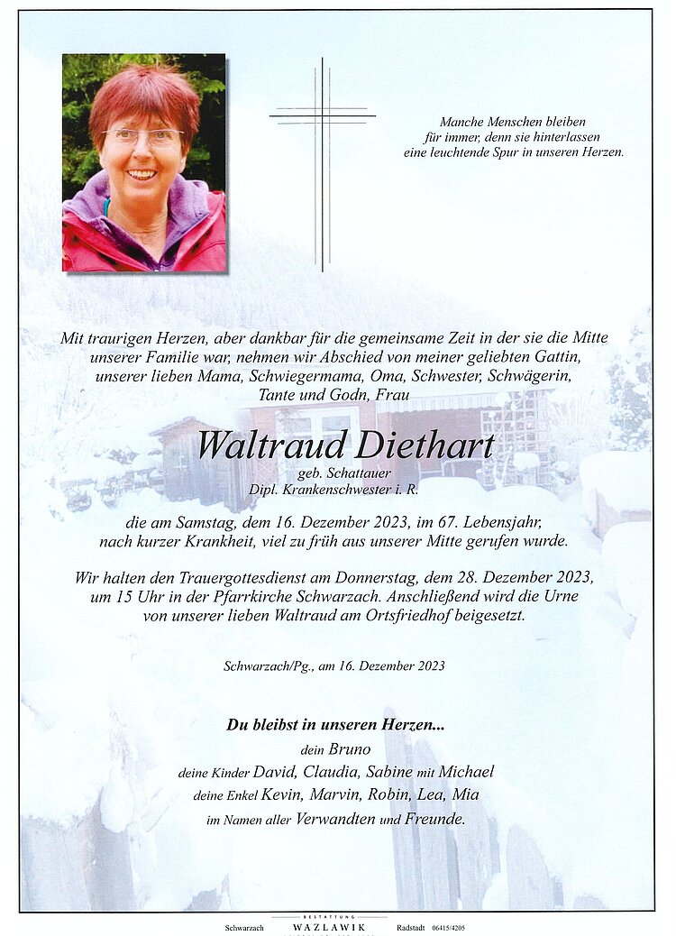 Parte von Waltraud Diethart † 16.12.2023