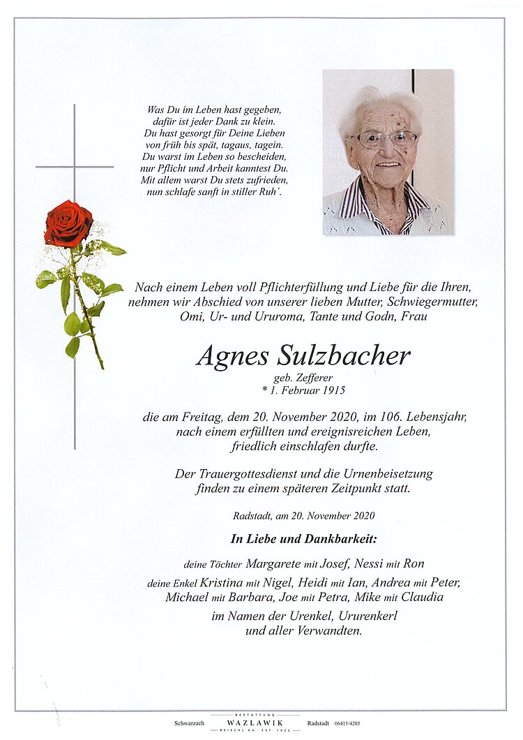 Parte von Agnes Sulzbacher † 20.11.2020
