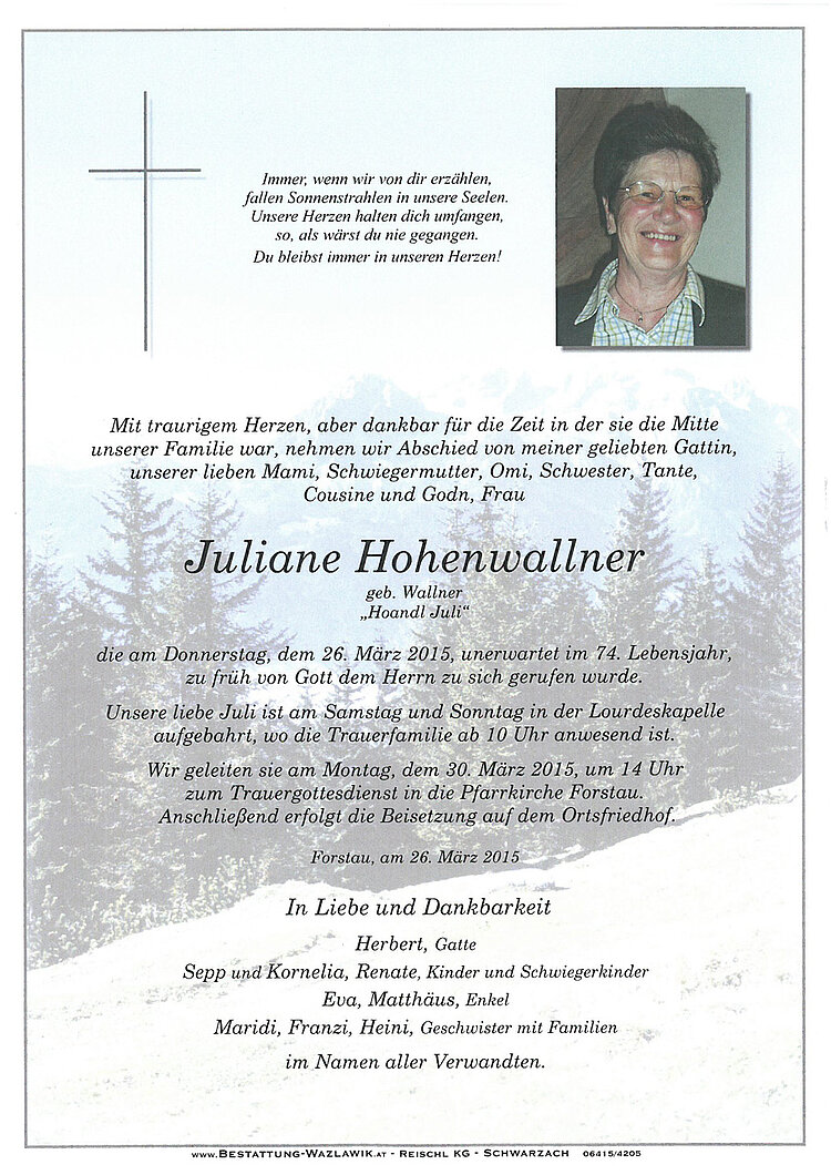 Parte von Juliane Hohenwallner † 26.03.2015