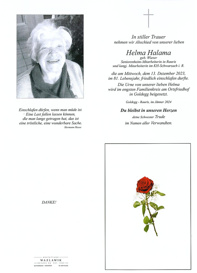Parte von Helma Halama † 13.12.2023