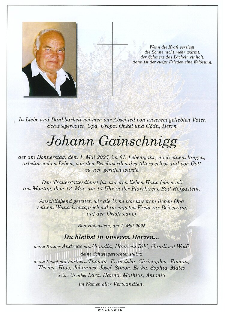 Parte von Johann Gainschnigg † 01.05.2025