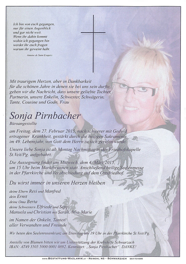 Parte von Sonja Pirnbacher † 27.02.2015
