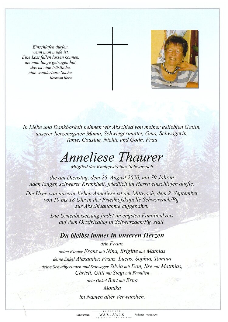 Parte von Anneliese Thaurer † 25.08.2020