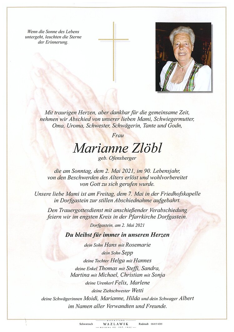 Parte von Marianne Zlöbl † 02.05.2021