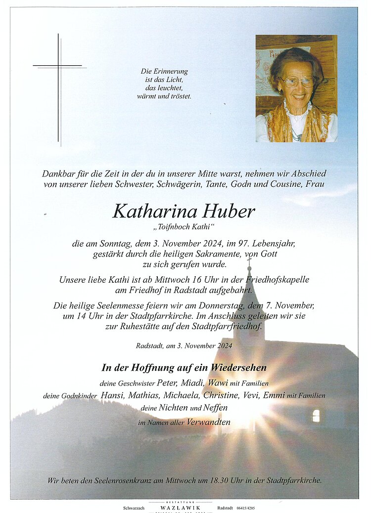 Parte von Katharina Huber † 03.11.2024