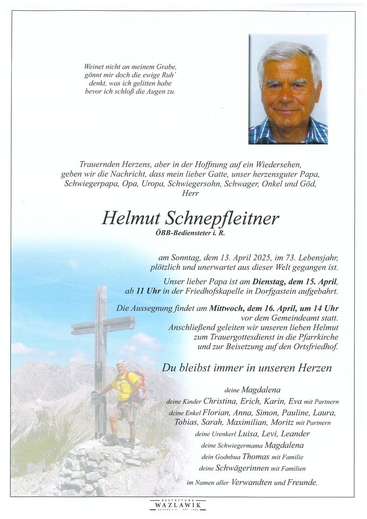 Parte von Helmut Schnepfleitner † 13.04.2025