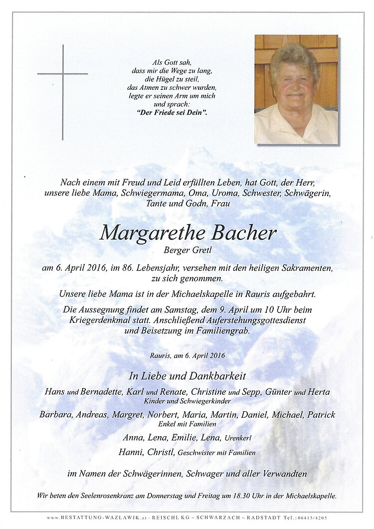 Parte von Margarethe Bacher † 06.04.2016