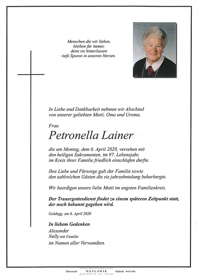 Parte von Petronella Lainer † 06.04.2020