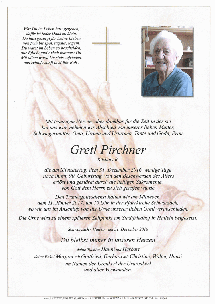 Parte von Gretl Pirchner † 31.12.2016