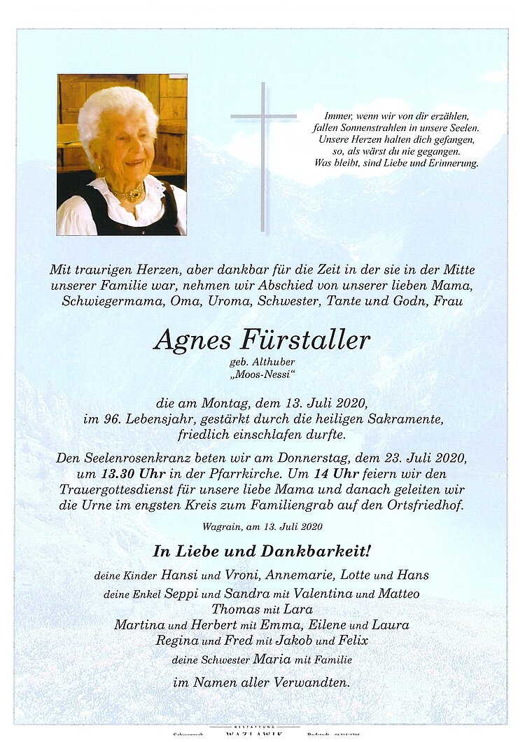 Parte von Agnes Fürstaller † 13.07.2020