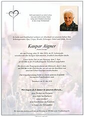 Parte von Kaspar Aigner † 29.05.2026 aus Taxenbach