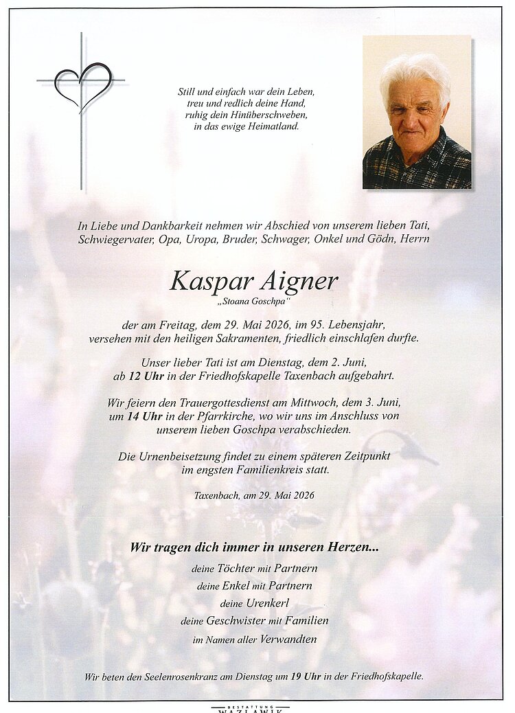 Parte von Kaspar Aigner † 29.05.2026