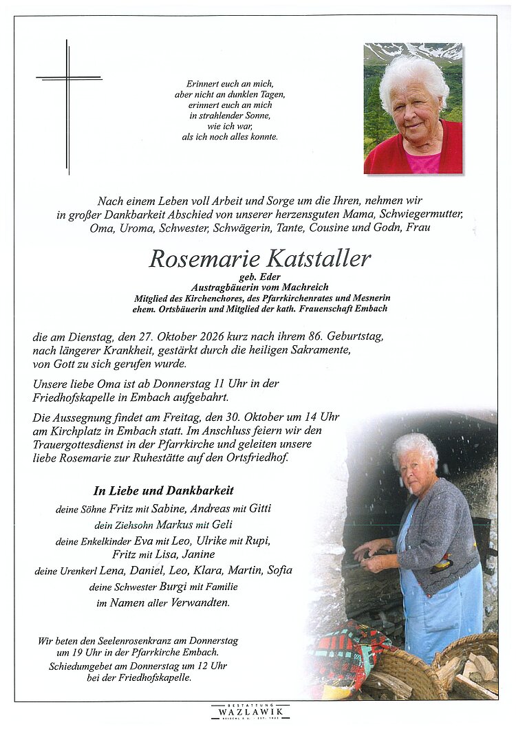 Parte von Rosemarie Katstaller † 27.10.2026