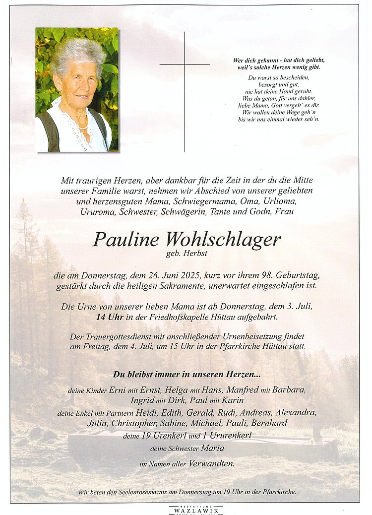 Parte von Pauline Wohlschlager † 26.06.2025