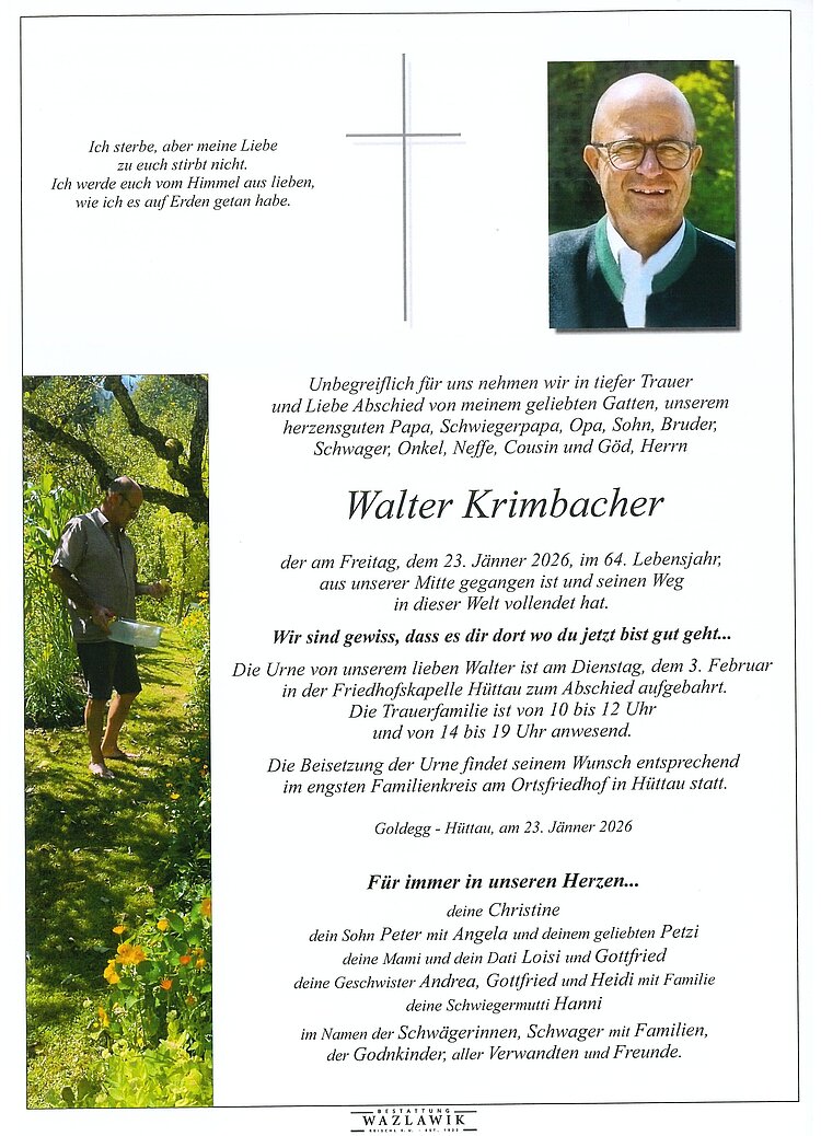 Parte von Walter Krimbacher † 23.01.2026