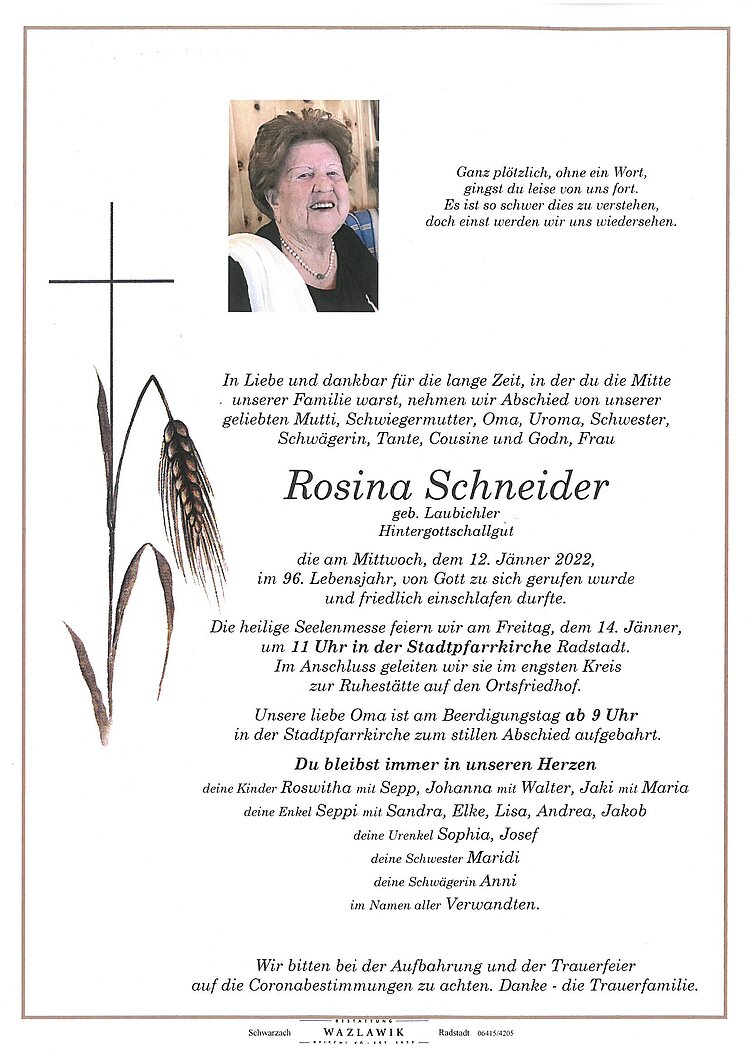 Parte von Rosina Schneider † 12.01.2022