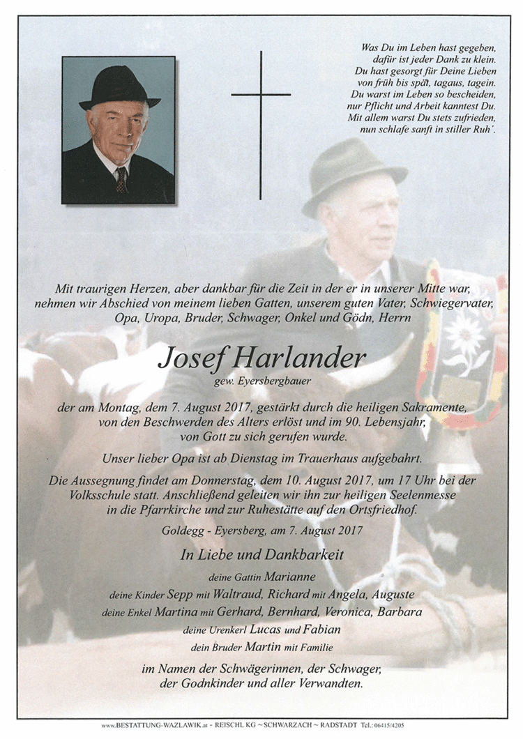 Parte von Josef Harlander † 07.08.2017