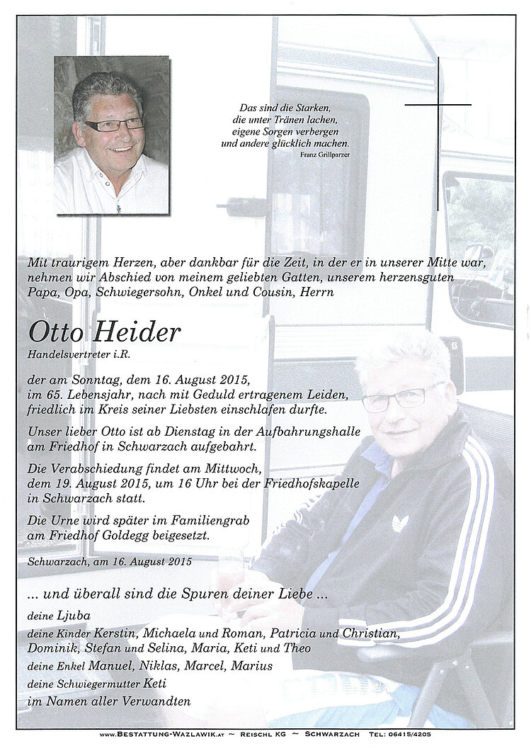 Traueranzeige von Otto Heider Bestattung Wazlawik Reischl KG