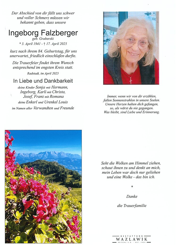Parte von Ingeborg Falzberger † 17.04.2025