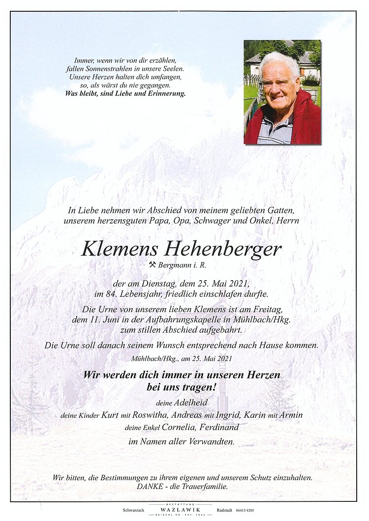 Parte von Klemens Hehenberger † 25.05.2021
