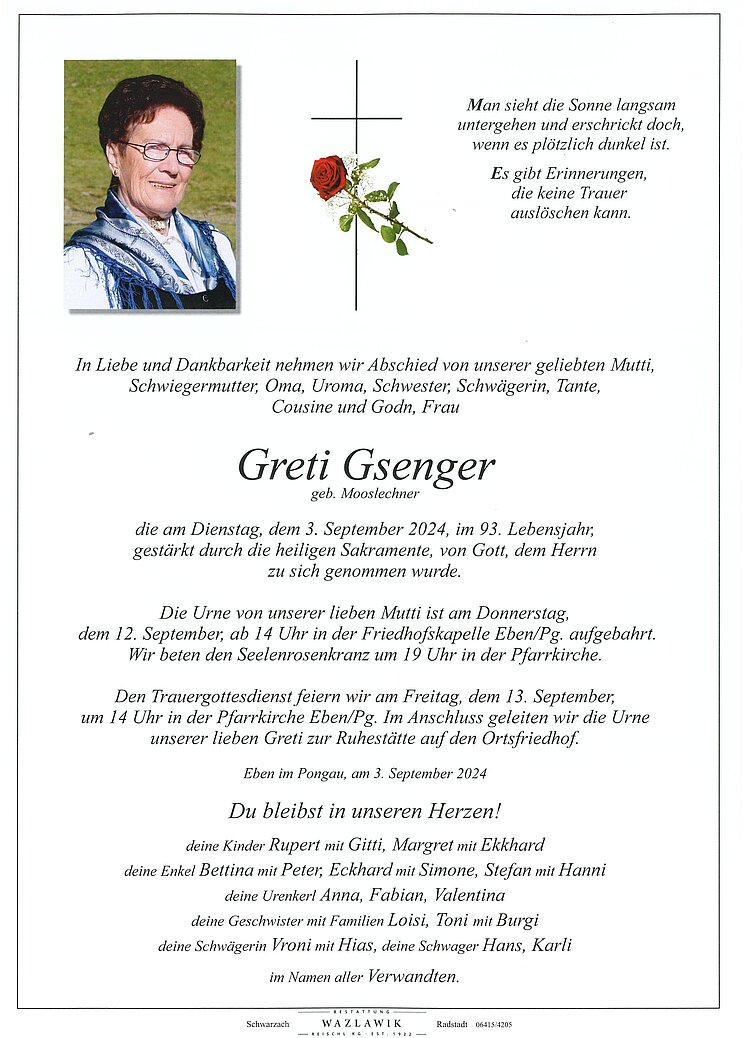 Parte von Greti Gsenger † 03.09.2024