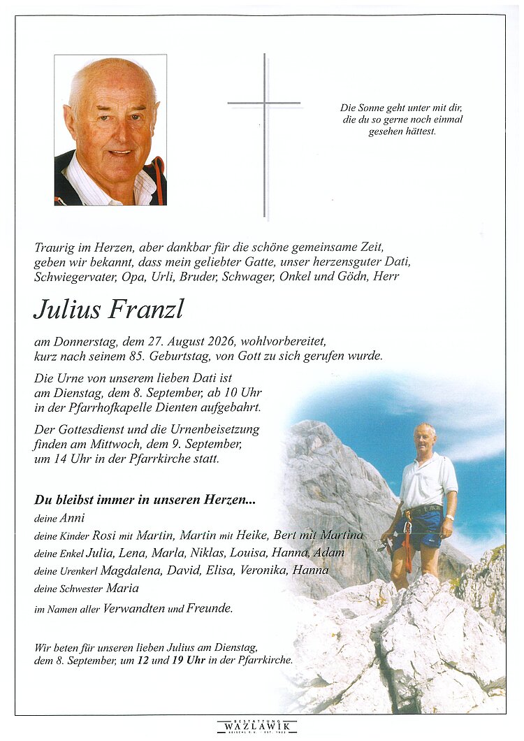Parte von Julius Franzl † 27.08.2026