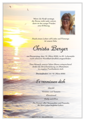 Parte von Christa Berger † 19.03.2026 aus Meislstein - Goldegg