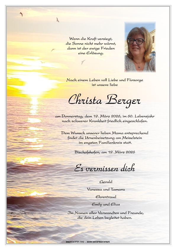 Parte von Christa Berger † 19.03.2026