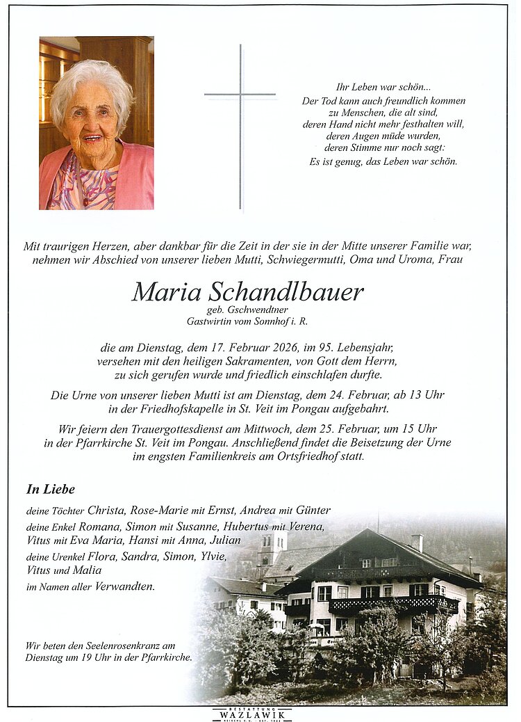Parte von Maria Schandlbauer † 17.02.2026