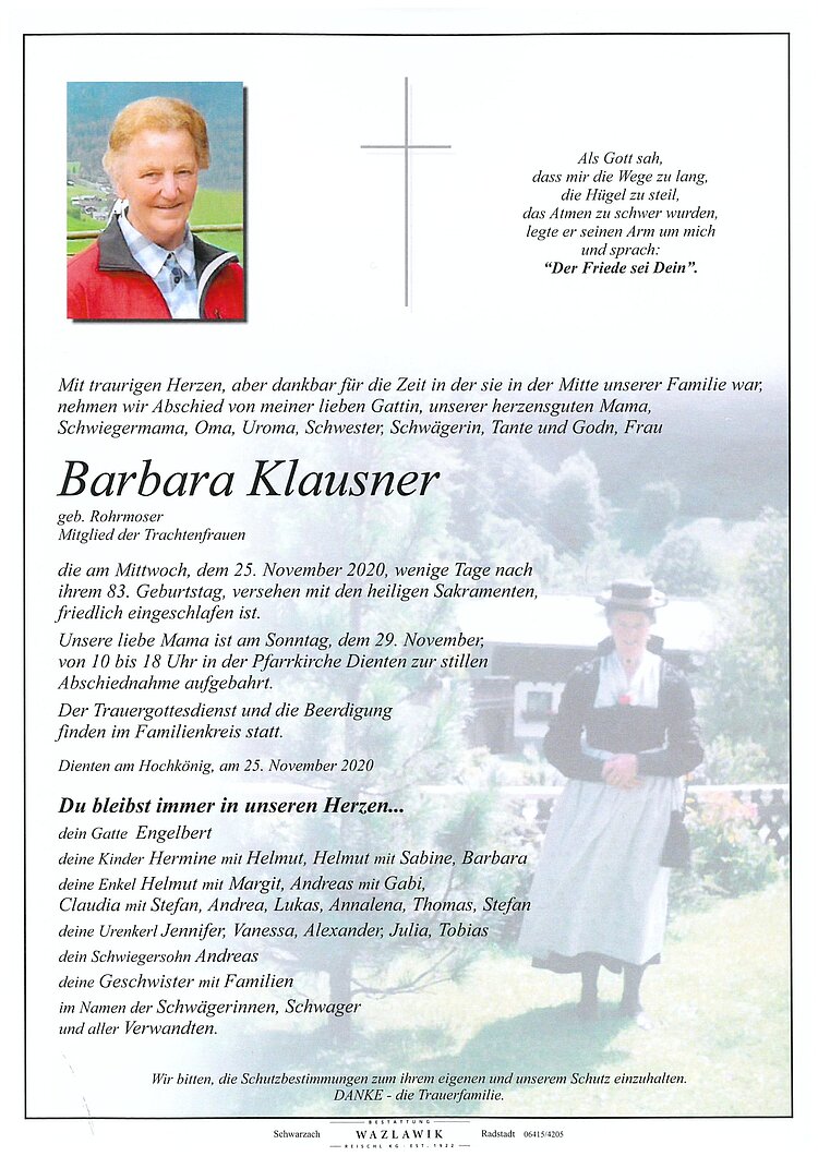 Parte von Barbara Klausner † 25.11.2020