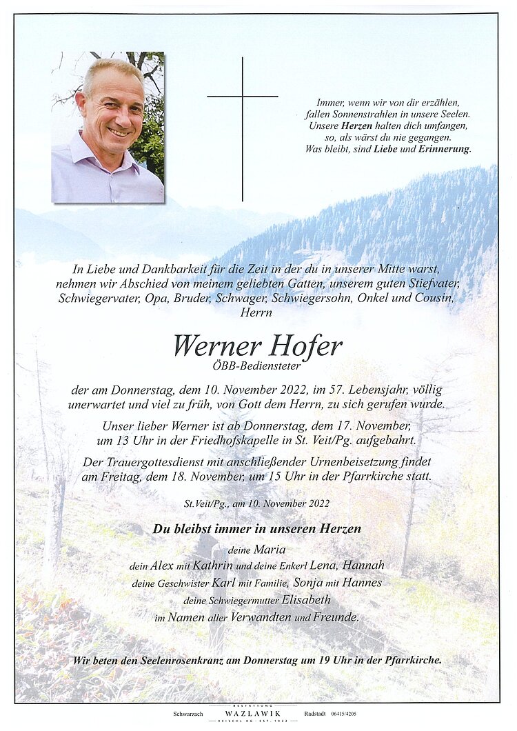 Parte von Werner Hofer † 10.11.2022