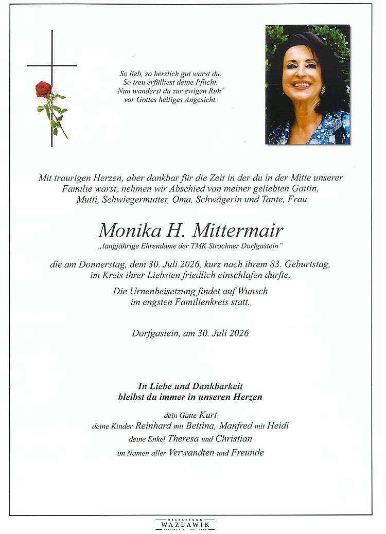Parte von Monika H. Mittermair † 30.07.2026