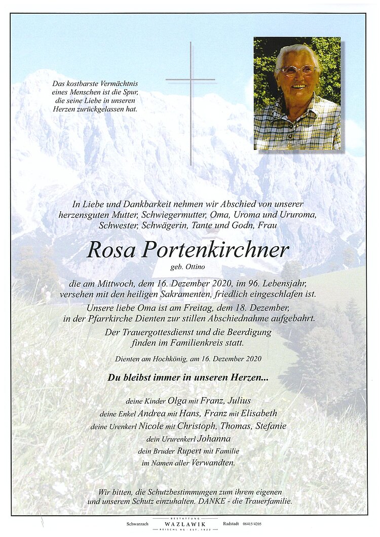 Parte von Rosa Portenkirchner † 16.12.2020